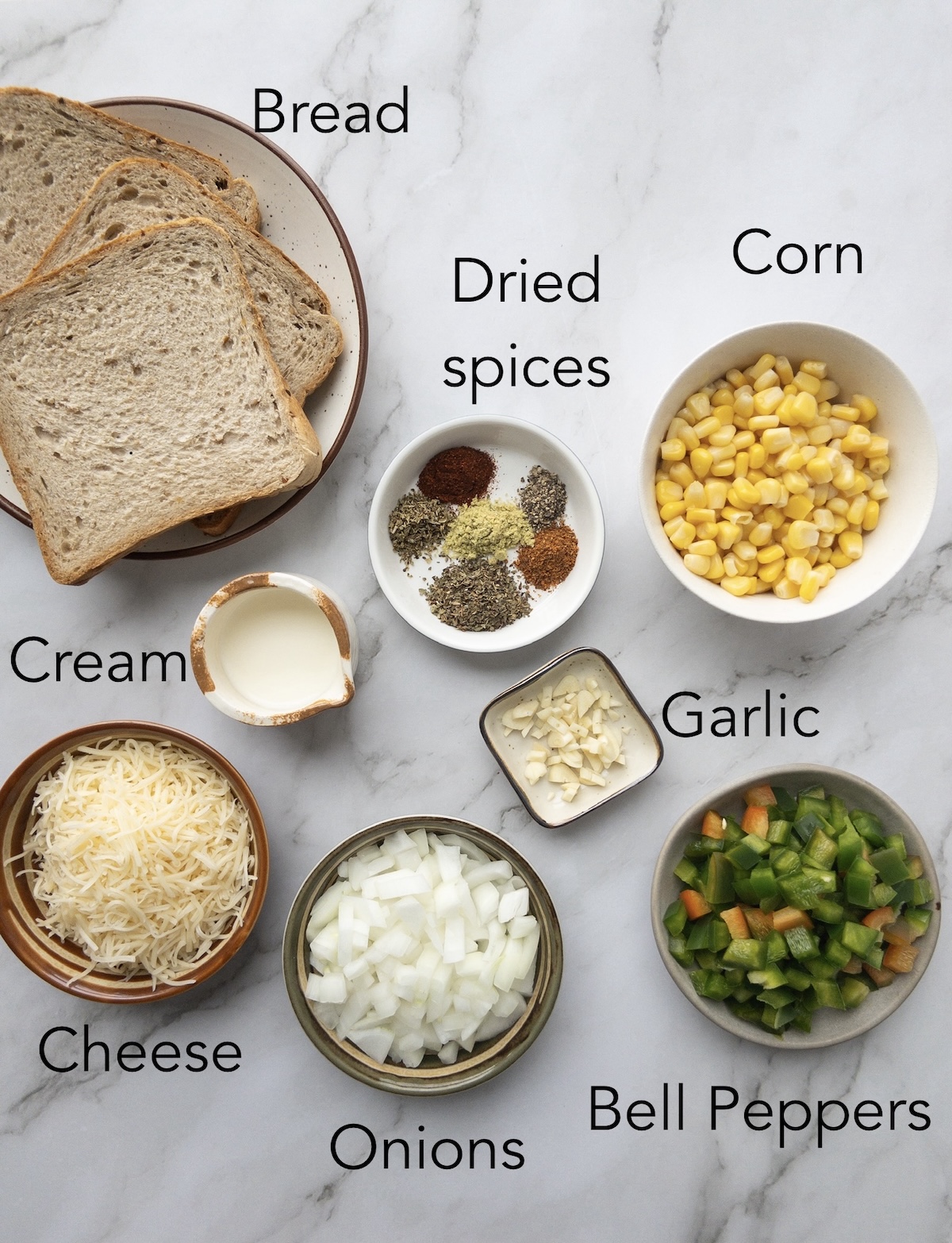 Corn Toast Ingredients placed on a table in bowls