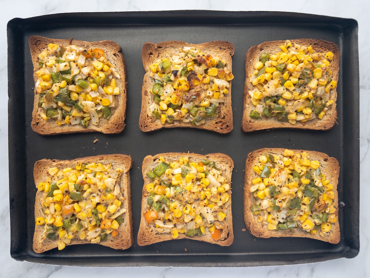 Crispy Corn toast after baking in the oven placed in a tray