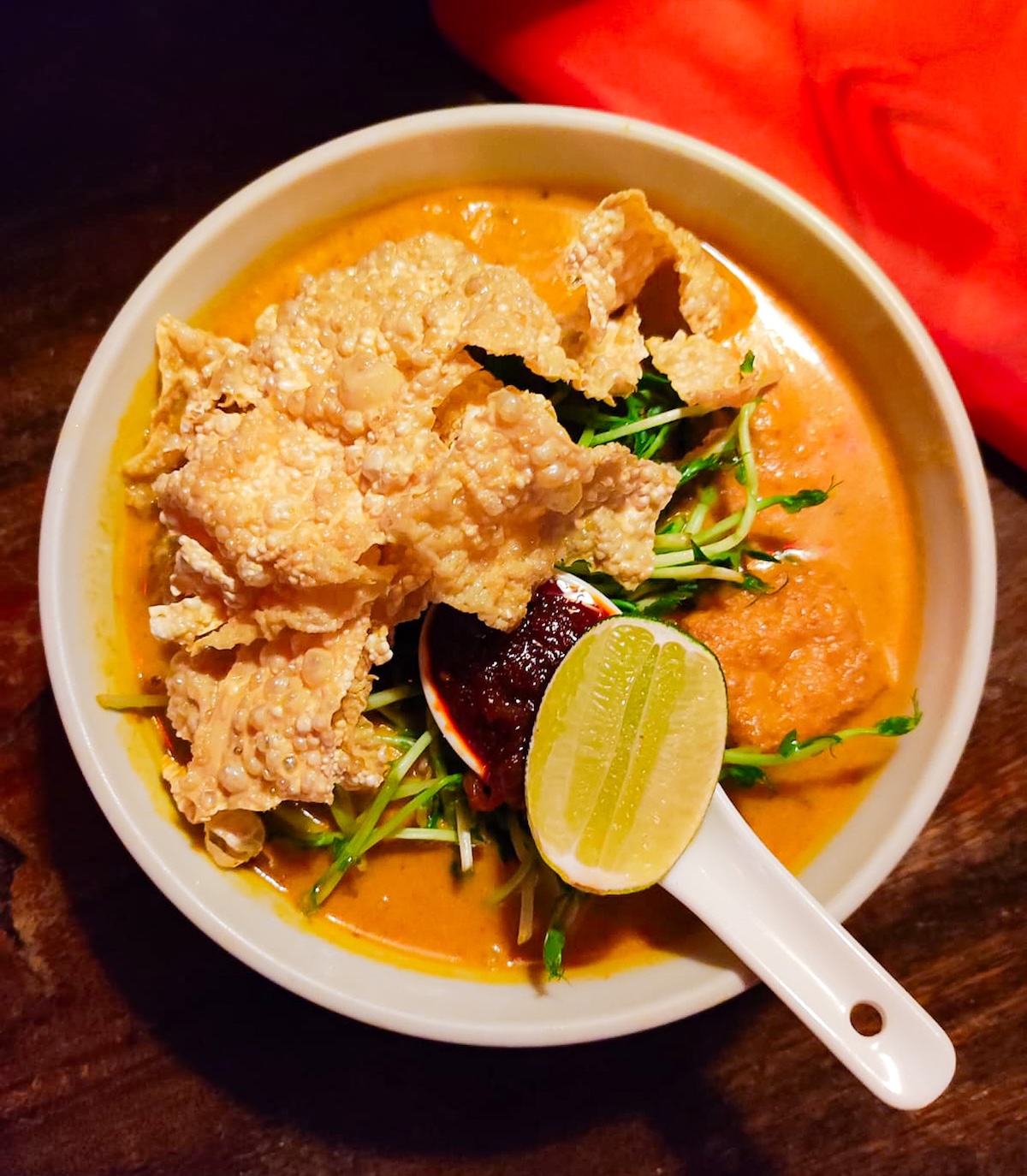Delicious spicy laksa in the Hungry Tapir restaurant
