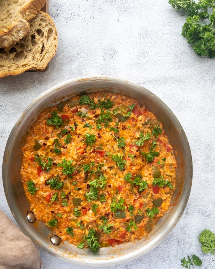Menemen served in a steel pan
