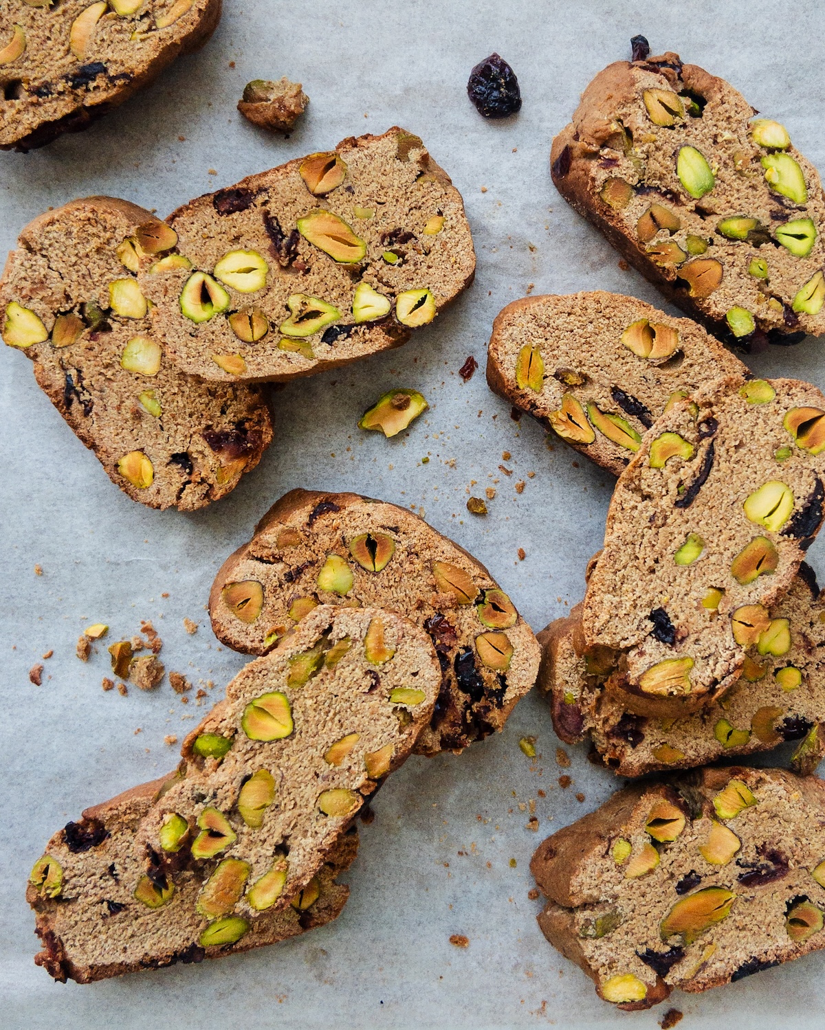 Pistachio and Cranberry Biscotti seen on a baking paper