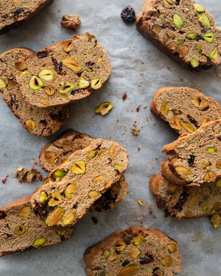 Pistachio and Cranberry Biscotti seen on a baking paper