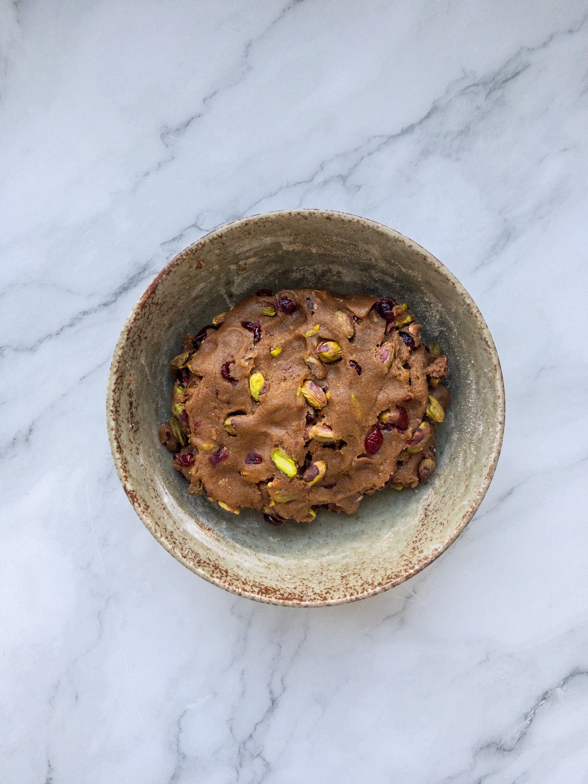 Pistachio and Cranberry Biscotti dough seen in a large bowl