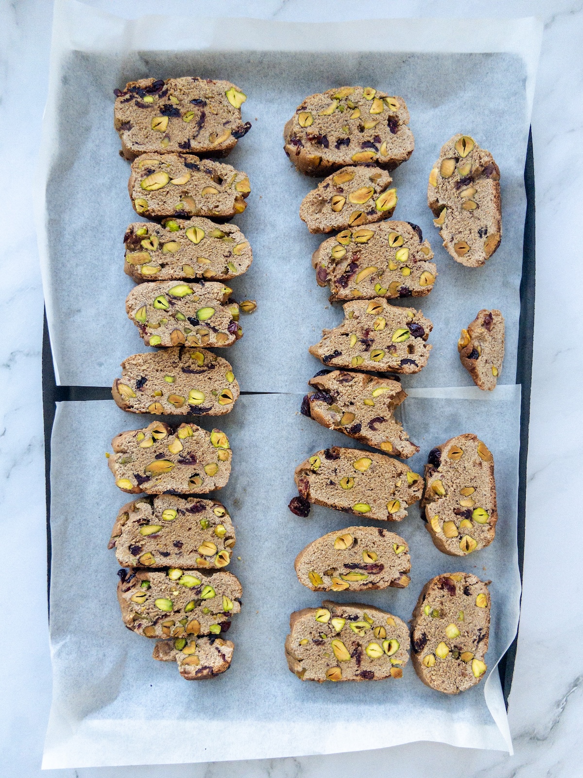 Pistachio and Cranberry Biscotti seen on a baking sheet after baking
