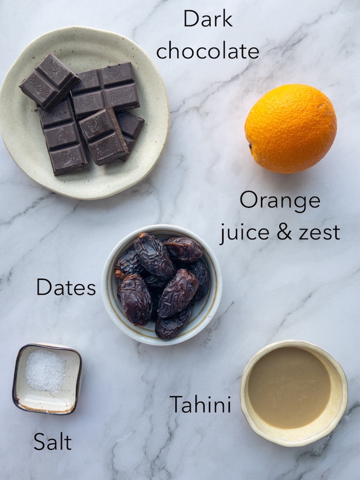 ingredients for stuffed dates, like chocolate, orange and tahini