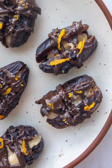 dates stuffed with tahini and topped with melted chocolate