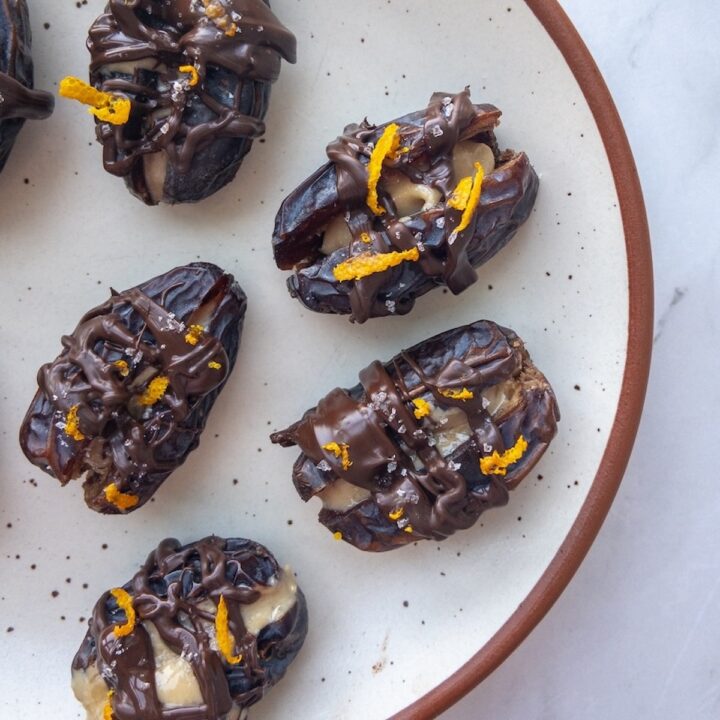 dates stuffed with tahini and topped with melted chocolate