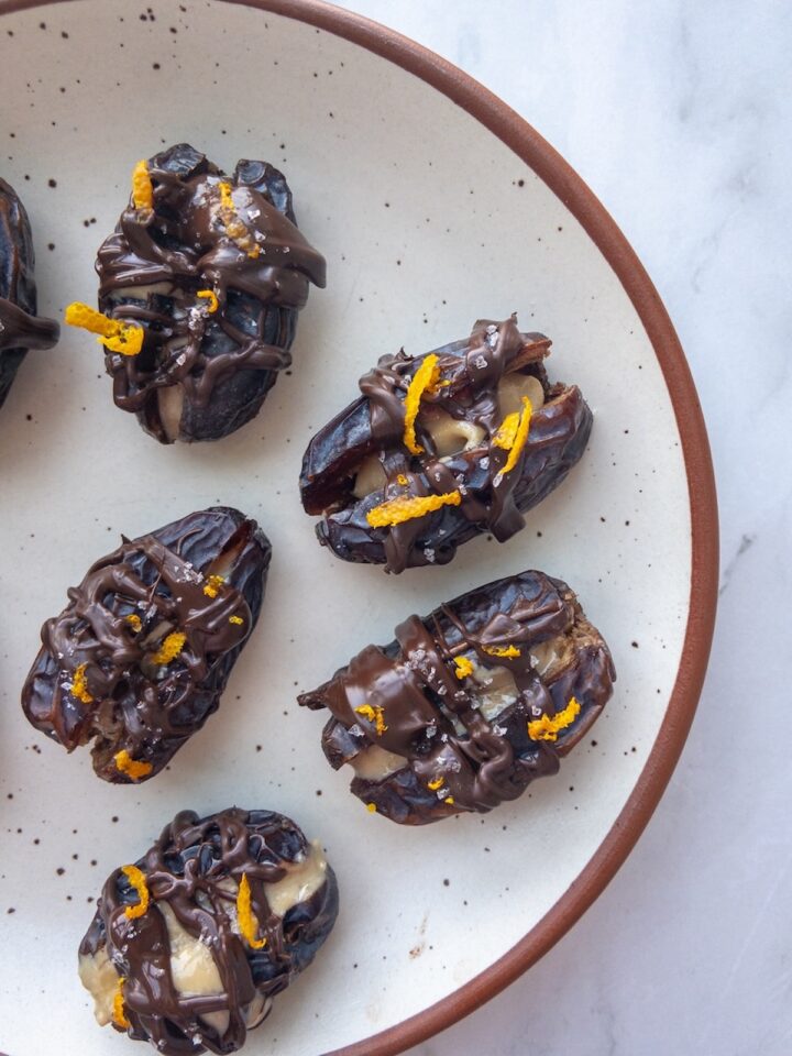 dates stuffed with tahini and topped with melted chocolate