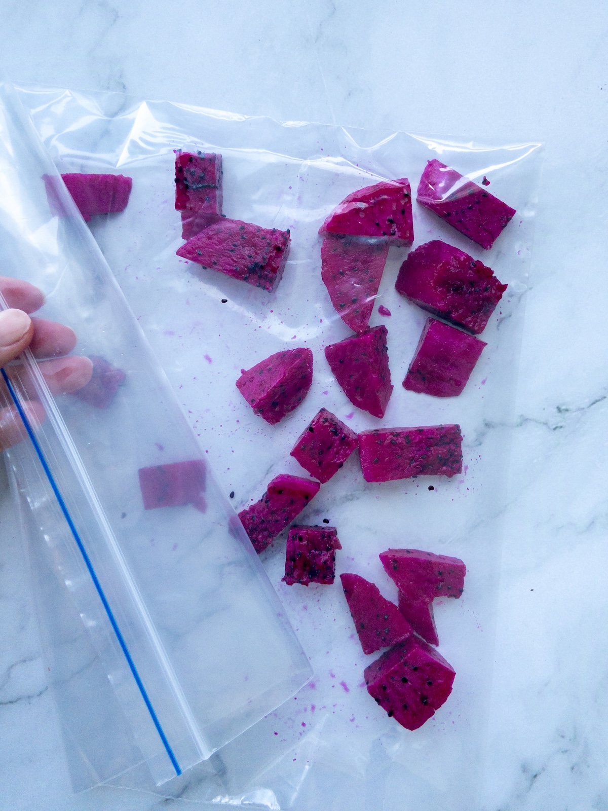 cubes of dragon fruit inside a ziplock bag