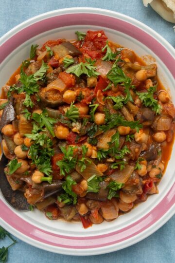 Maghmour, or Lebanese Moussaka served in a bowl with pita bread