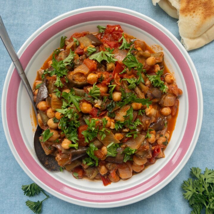 Maghmour, or Lebanese Moussaka served in a bowl with pita bread