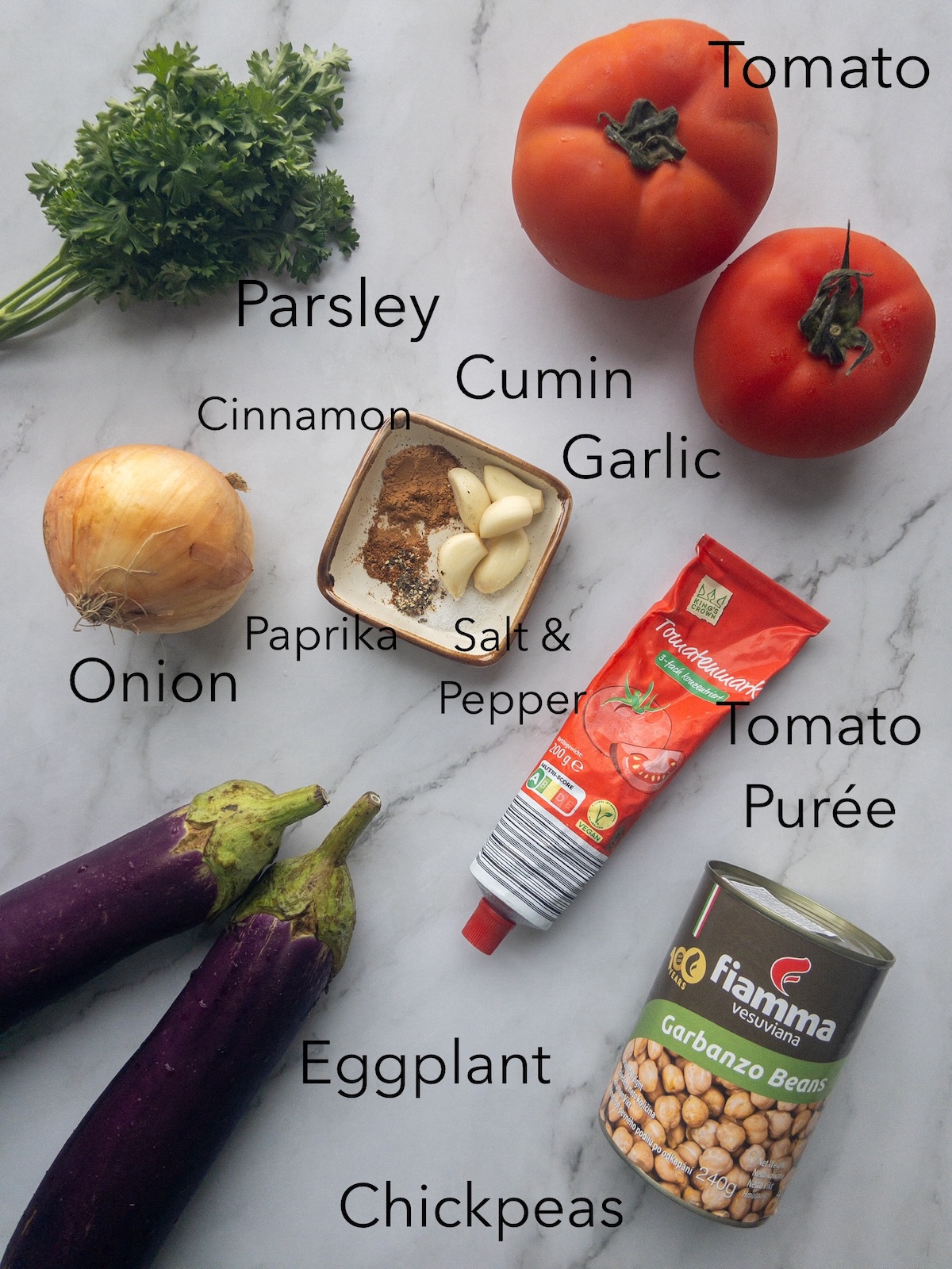 Ingredients for Maghmour, or Lebanese moussaka, on a table