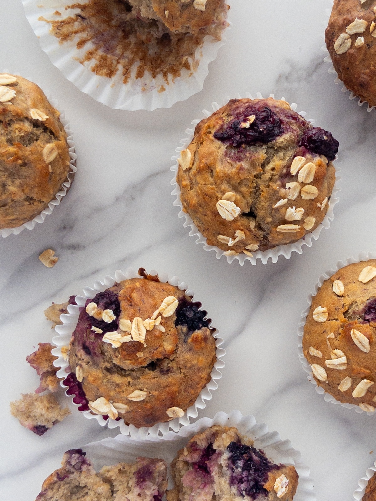 Top view of Banana and blackberry muffins