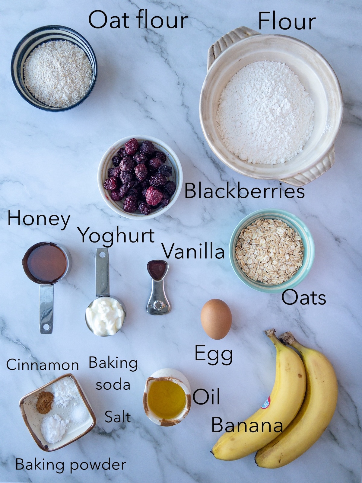 Ingredients for muffins laid on a table