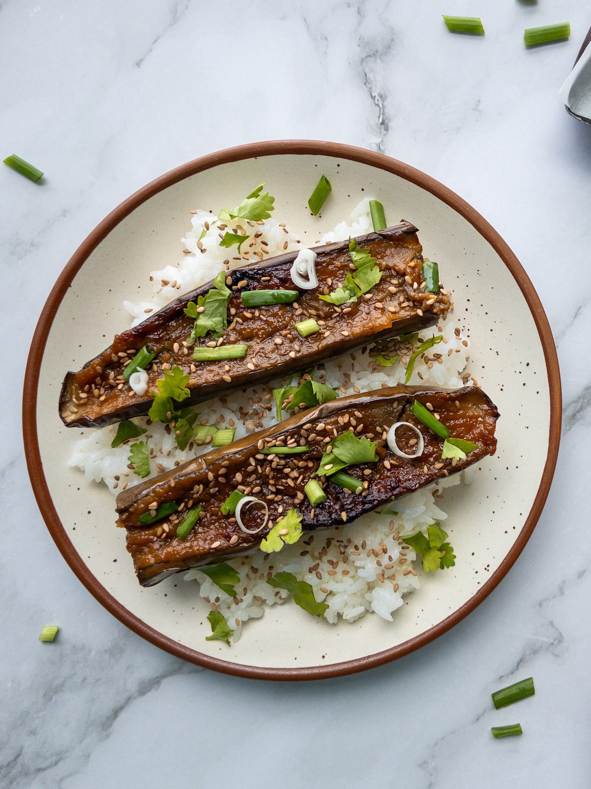 Sticky aubergines on a bed of rice topped with sesame seeds, green onion and cilantro.