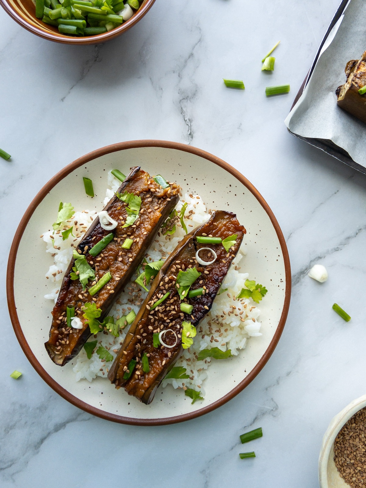Sticky aubergines served with rice topped with sesame seeds, green onions and cilantro.