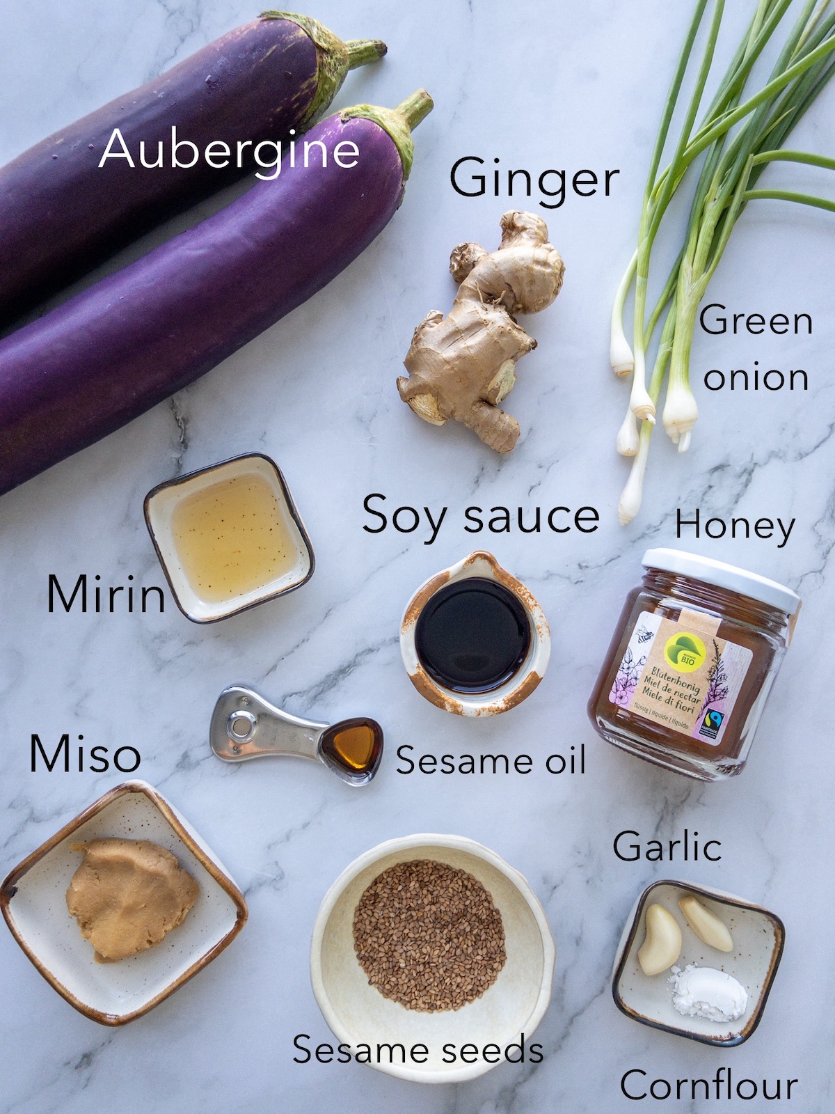 Ingredients for a Sticky Eggplant recipe on a table